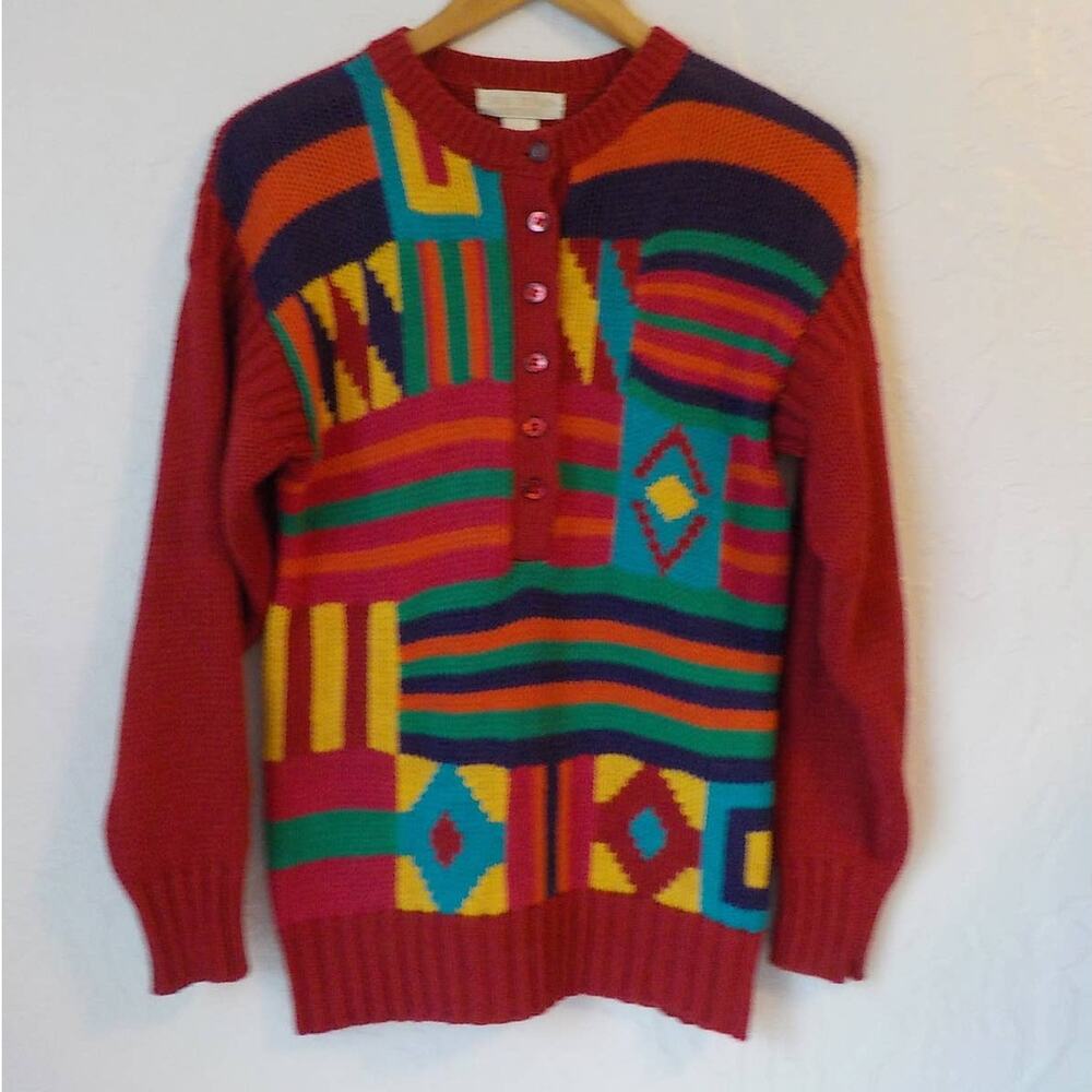 Vtg John Henry Pink Sweater Women Medium Geometric Multicolor Y2K Ramie Button